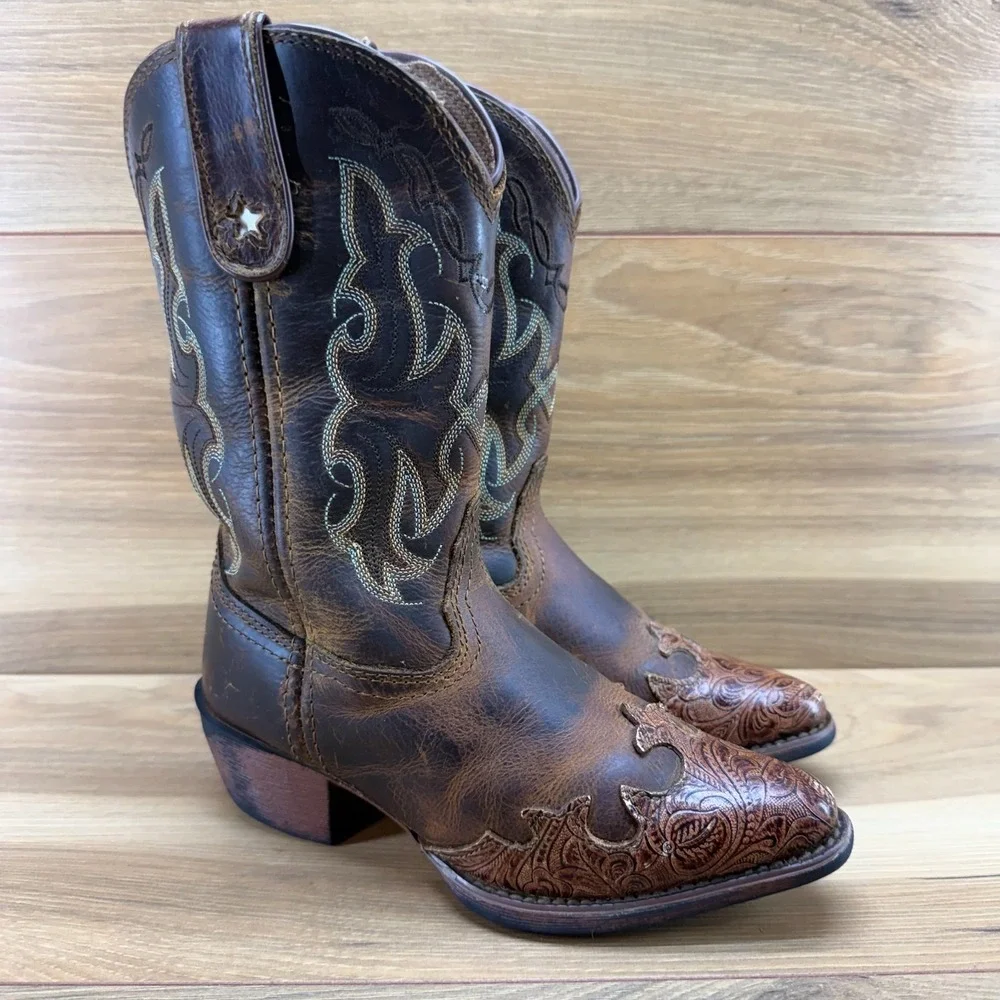 Tony Lama Vaquero Brown Western Boots Girls 12 Brown Tooled‎ Leather Rodeo Ranch
